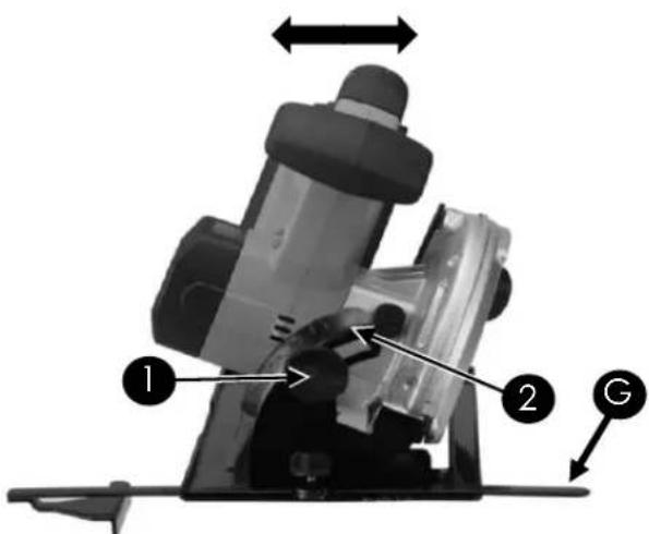 Technical diagram of a mechanical device with labeled parts 1, 2, and G, showing directional arrows and structural components.