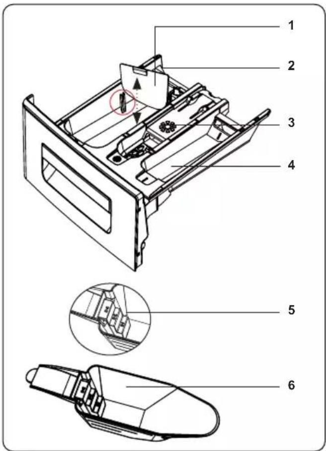Technical diagram of a device's internal structure with numbered parts and exploded views