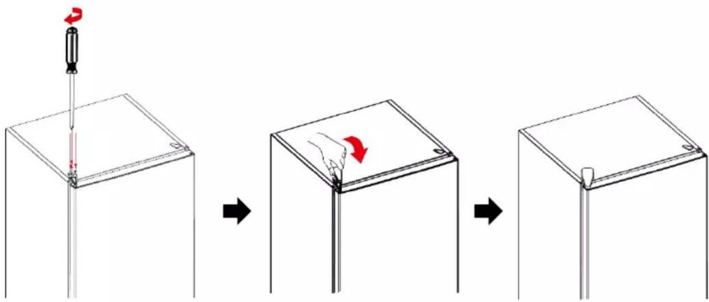Diagram illustrating a step-by-step folding or retraction process of a device, showing the tip, arrow, and hand movement.