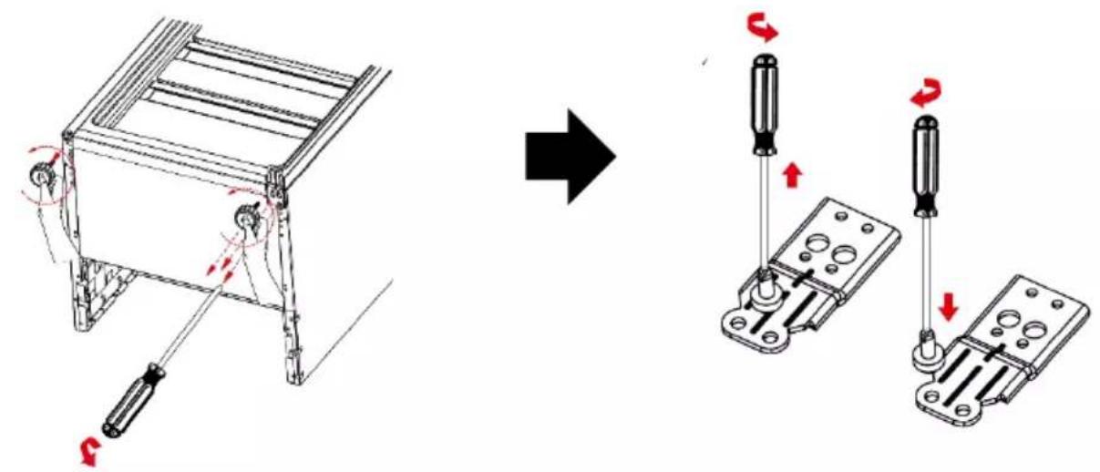 Technical diagram showing mechanical assembly before and after disassembly, with labeled components and directional arrows