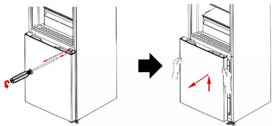 Diagram illustrating the process of lifting a door panel, showing before and after states with red arrows indicating motion direction.