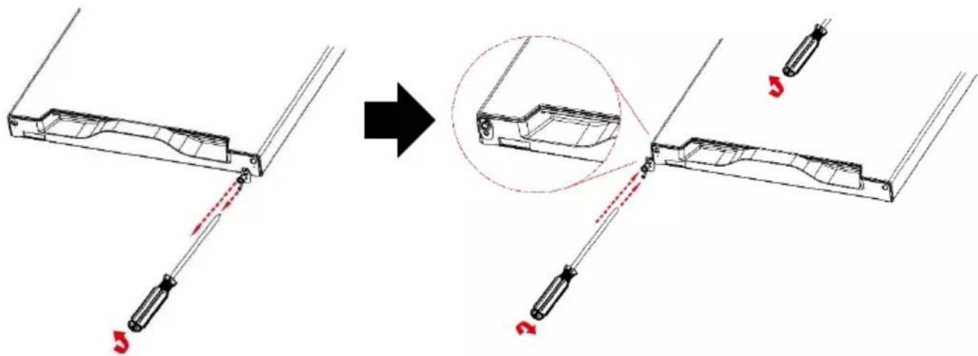 Technical diagram illustrating a mechanical assembly process with labeled parts and directional arrows indicating motion.