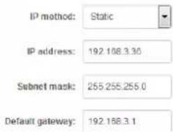 IP method: Static IP address: 192.188.3.30 Subnet mask: 255.255.255.0 Default gateway: 192.188.3.1