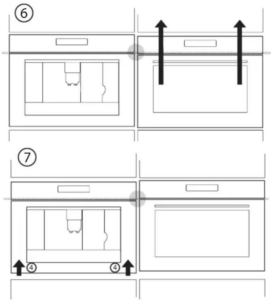 Diagram showing two steps of a kitchen or oven setup with labeled components and directional arrows indicating movement.