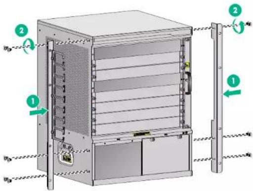 Technical diagram of a server rack with labeled components and directional arrows indicating motion or movement.