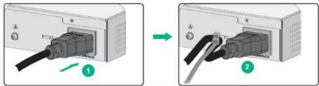 Diagram showing two stages of cable installation: one with a cable inserted into a device, the other with a cable being inserted into a device.