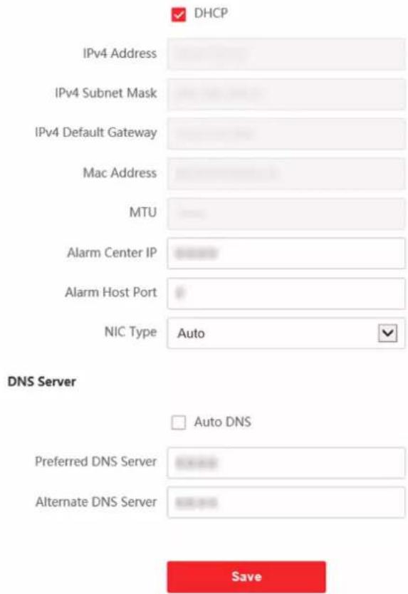 DHCP IPv4 Address IPv4 Subnet Mask IPv4 Default Gateway Mac Address MTU Alarm Center IP Alarm Host Port NIC Type Auto DNS Server Auto DNS Preferred DNS Server Alternate DNS Server Save