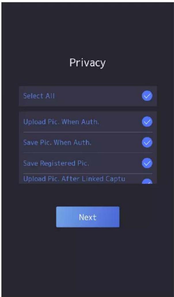 Privacy Select All ✓ Upload Pic. When Auth. ✓ Save Pic. When Auth. ✓ Save Registered Pic. ✓ Upload Pic. After Linked Captu ✓ Next