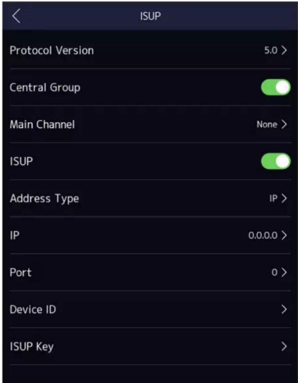 ISUP Protocol Version 5.0 > Central Group Main Channel None > ISUP Address Type IP > IP 0.0.0.0 > Port 0 > Device ID > ISUP Key >