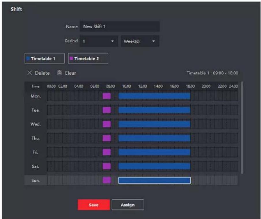 Shift Name: New Shift 1 Period: 1 Week(s) Timetable 1 Timetable 2 × Delete Clear Time 00:00 02:00 04:00 06:00 08:00 10:00 12:00 14:00 16:00 18:00 Timetable 1 : 09:00 - 18:00 Save Assign