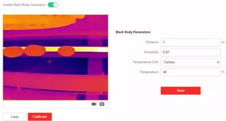 Enable Black Body Correction Black Body Parameters Distance 1 m Emissivity 0.97 Temperature Unit Celsius Temperature 40 °C Save Clear Calibrate