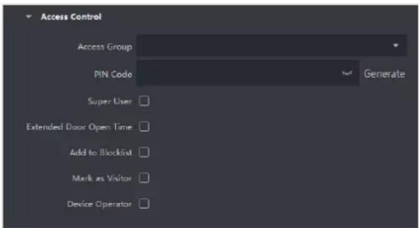Access Control Access Group PIN Code Generate Super User Extended Door Open Time Add to Blocklist Mark as Visitor Device Operator