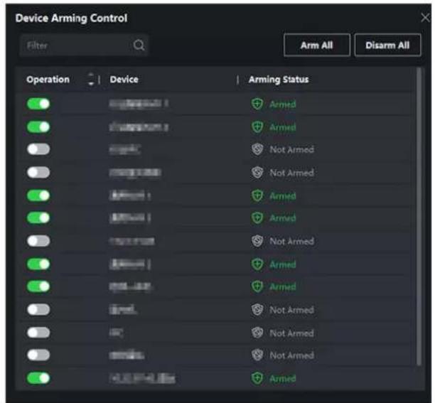 Device Arming Control Filter Arm All Disarm All Operation Device Arming Status ● Armed ● Armed ● Not Armed ● Not Armed ● Armed ● Armed ● Not Armed ● Armed ● Armed ● Not Armed ● Not Armed ● Not Armed ● Armed