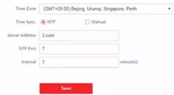 Time Zone (GMT+08:00) Beijing, Urumqi, Singapore, Perth Time Sync. NTP Manual Server Address 2.com NTP Port 7 Interval 7 minute(s) Save