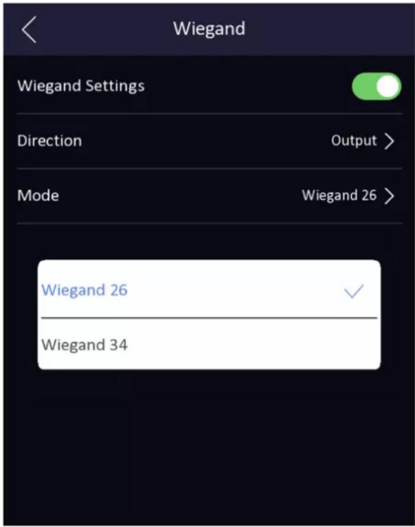 Wiegand Wiegand Settings Direction Output > Mode Wiegand 26 > Wiegand 26 Wiegand 34