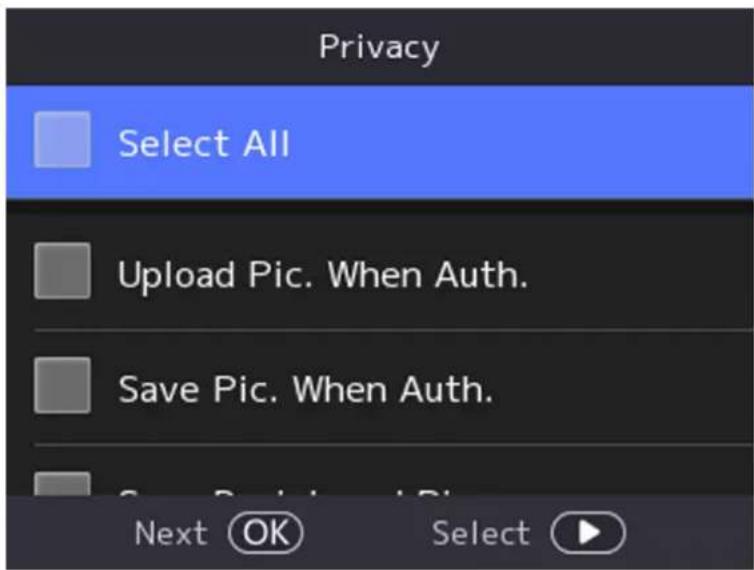 Privacy Select All Upload Pic. When Auth. Save Pic. When Auth. Next OK Select