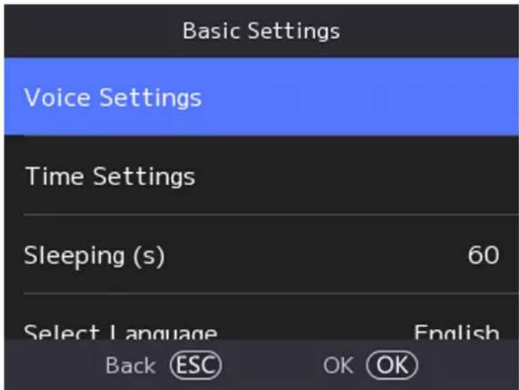 Basic Settings Voice Settings Time Settings Sleeping (s) 60 Select Language English Back ESC OK OK