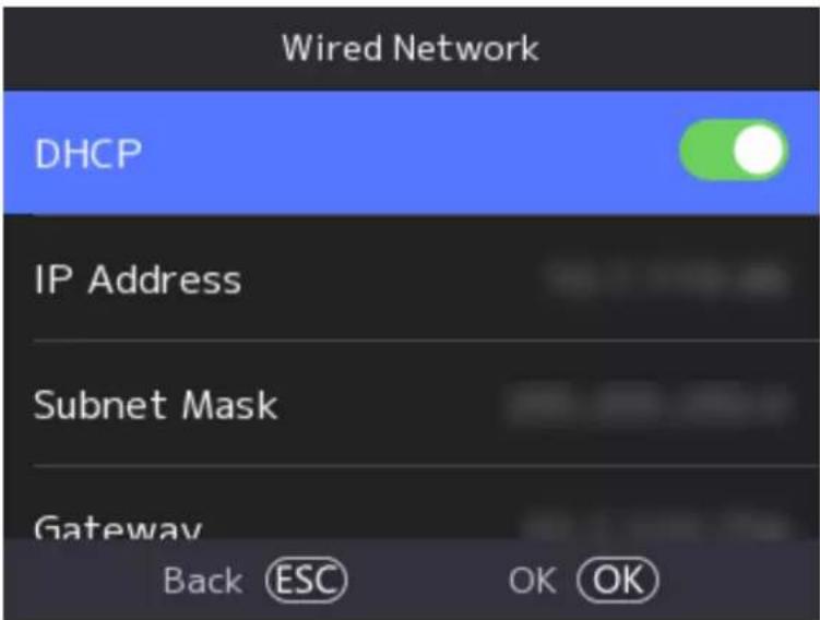 Wired Network DHCP IP Address Subnet Mask Gateway Back ESC OK OK
