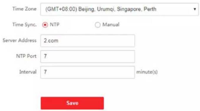 Time Zone (GMT+08:00) Beijing, Urumqi, Singapore, Perth Time Sync. NTP Manual Server Address 2.com NTP Port 7 Interval 7 minute(s) Save
