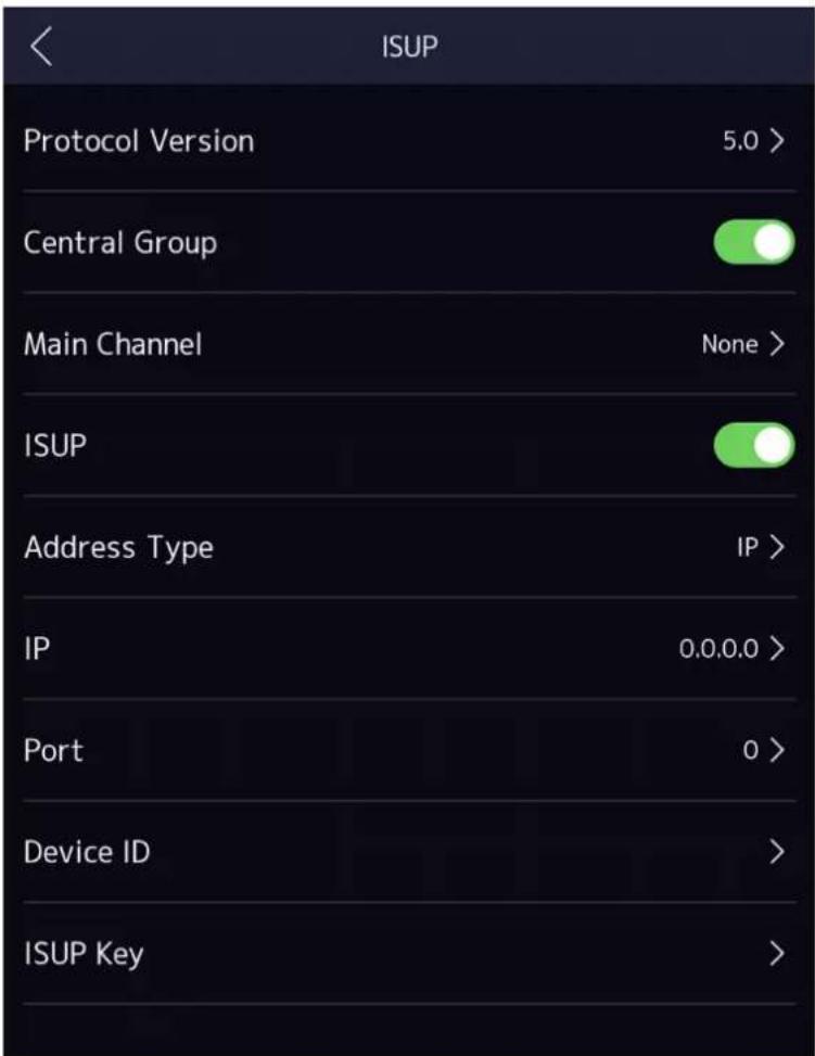 ISUP Protocol Version 5.0 > Central Group Main Channel None > ISUP Address Type IP > IP 0.0.0.0 > Port 0 > Device ID > ISUP Key >