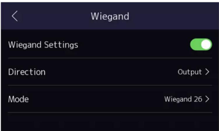 Wiegand Wiegand Settings Direction Output > Mode Wiegand 26 >
