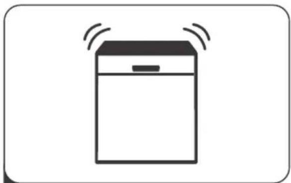 Simple line drawing of a refrigerator with sound waves (no text or symbols)
