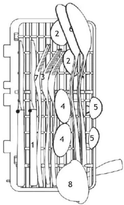 Diagram of a mechanical or electrical component with numbered parts, likely for assembly or labeling.