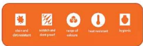 stain and dirt resistant scratch and dent-proof range of colours heat resistant hygienic