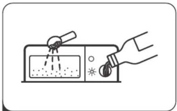 Line drawing of a hand using a power tool to clean or wash liquid from a microwave oven (no text or symbols)