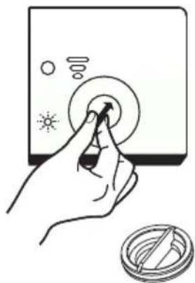 Hand inserting a button into a device with sun, waves, and battery symbols (no text or labels)