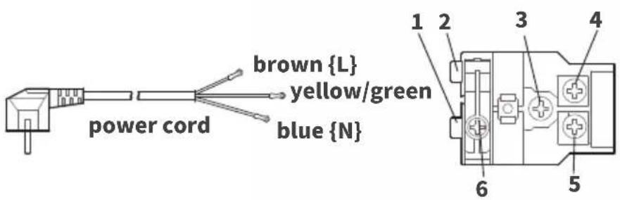 power cord brown {L} yellow/green blue {N} 1 2 3 4 6 5