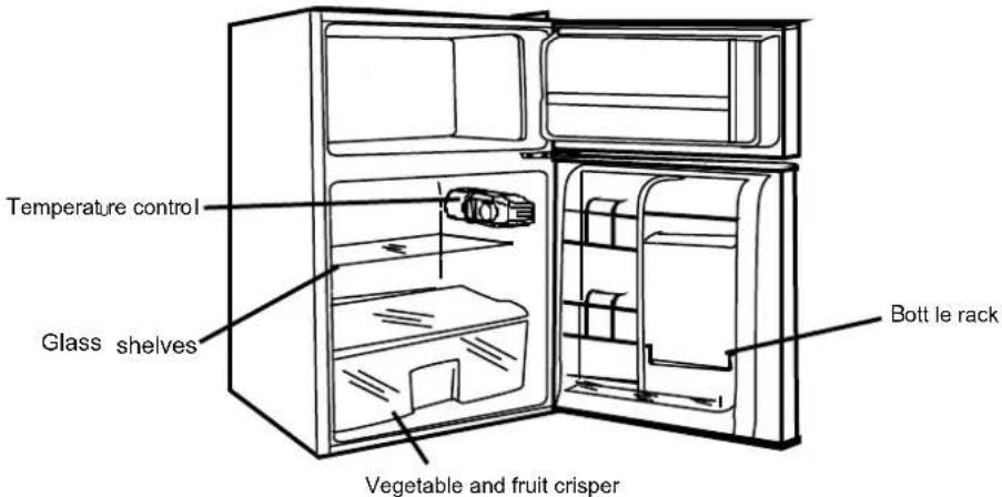 Temperature control Glass shelves Bott le rack Vegetable and fruit crisper