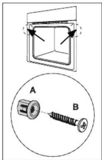 Technical diagram showing a mechanical assembly with labeled components A and B, including directional arrows and a magnified view of the component.