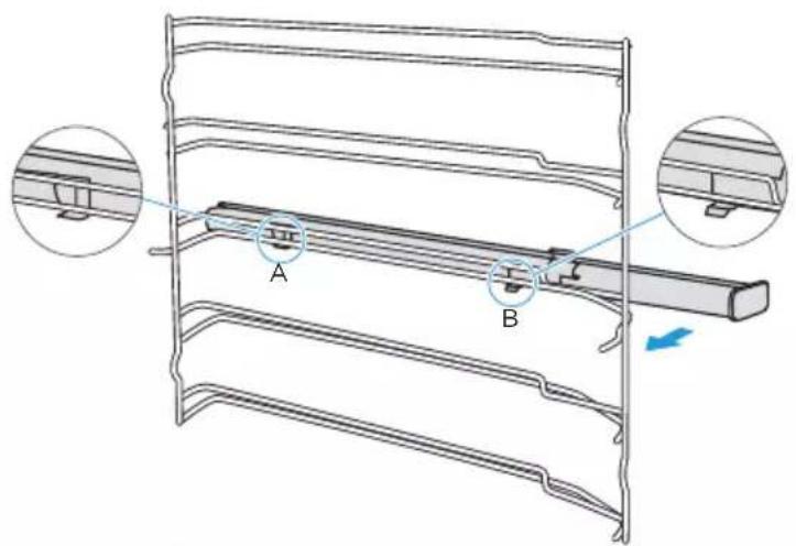 Technical diagram of a mechanical assembly with labeled components A and B, showing cross-sectional views and directional arrows.