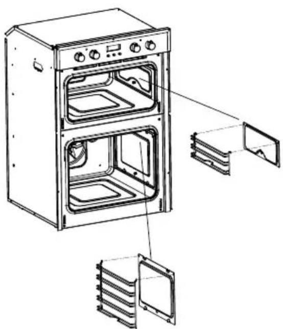 Technical diagram of an oven with labeled internal components, showing open and closed doors and control knobs.