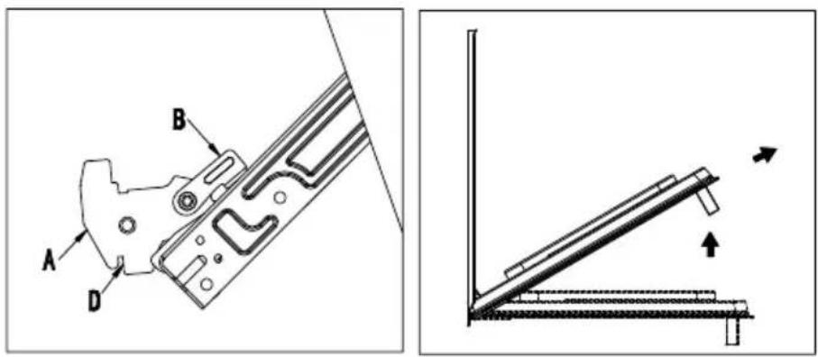 Technical diagram showing mechanical assembly with labeled parts A, B, D and a schematic of a ladder or support structure.