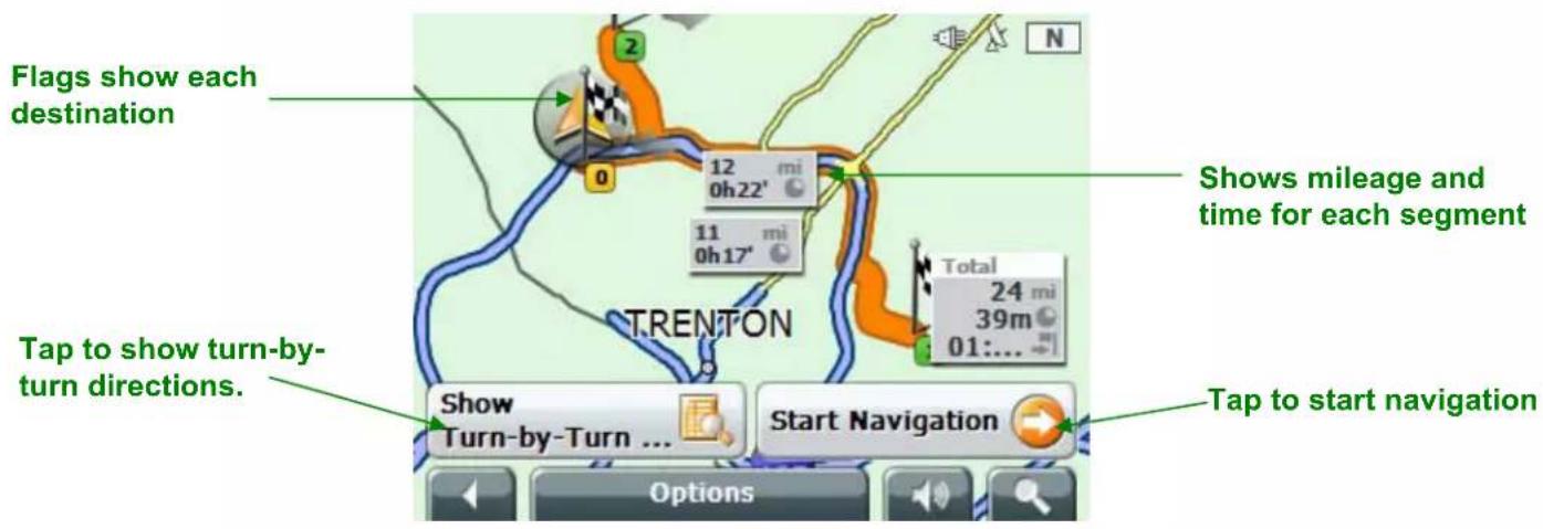 Flags show each destination 12 mi 0h22' 11 mi 0h17' TRENTON Shows mileage and time for each segment Total 24 mi 39m 01:... Tap to show turn-by- turn directions. Show Turn-by-Turn ... Start Navigation Tap to start navigation Options