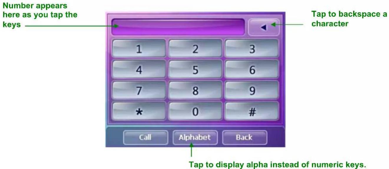 Number appears here as you tap the keys Tap to backspace a character 1 2 3 4 5 6 7 8 9 * 0 # Call Alphabet Back Tap to display alpha instead of numeric keys.