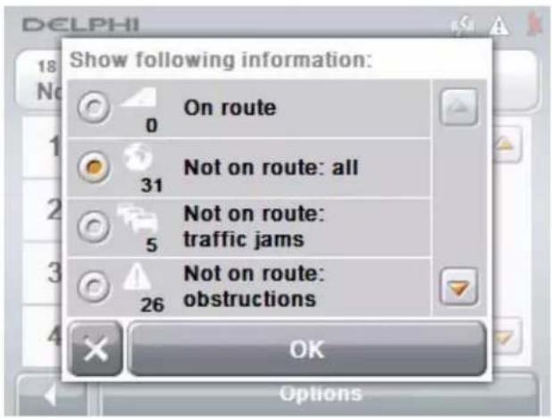 Show following information: On route Not on route: all Not on route: traffic jams Not on route: obstructions OK Options