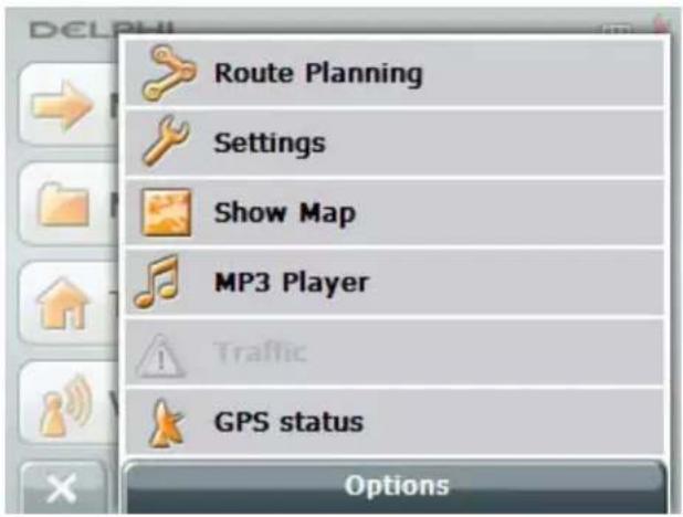 Route Planning Settings Show Map MP3 Player Traffic GPS status Options