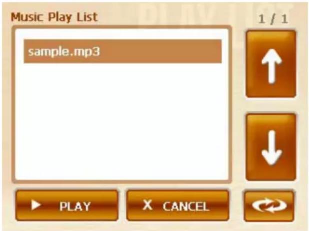 Music Play List sample.mp3 1 / 1 PLAY X CANCEL