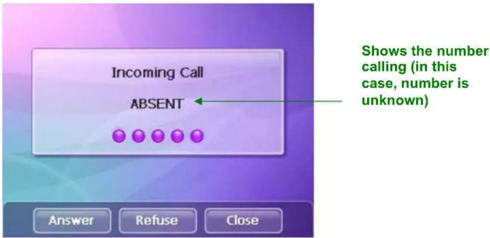 Incoming Call ABSENT Shows the number calling (in this case, number is unknown) Answer Refuse Close