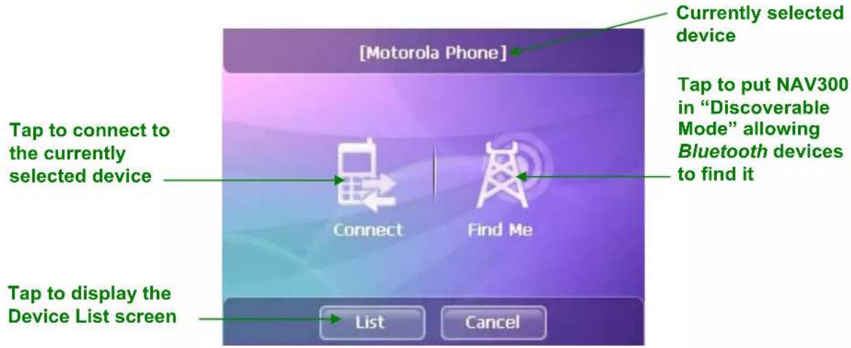 [Motorola Phone] Currently selected device Tap to connect to the currently selected device Tap to display the Device List screen Connect Find Me List Cancel Tap to put NAV300 in "Discoverable Mode" allowing Bluetooth devices to find it
