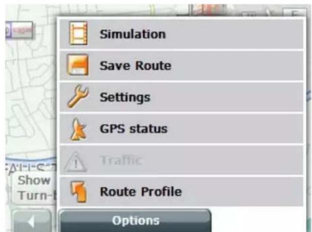Simulation Save Route Settings GPS status Traffic Route Profile Options