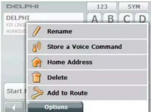 Delphi 123 SYM Delphi 925 LINDO MORRISVD Rename Store a Voice Command Home Address Delete Add to Route Start Options