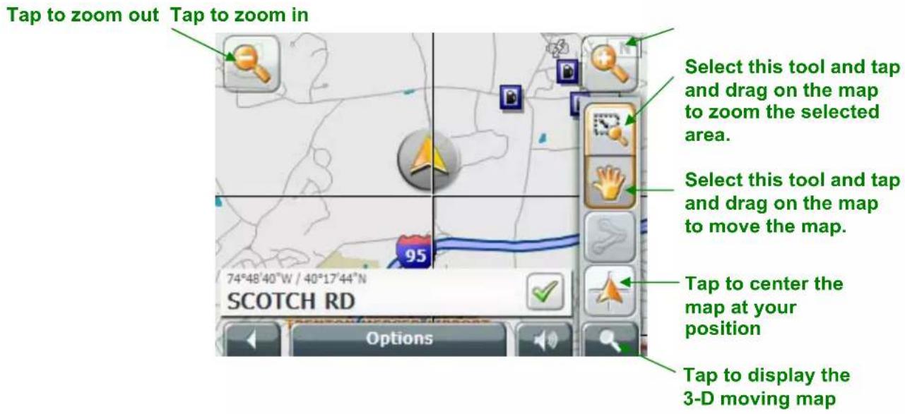 Tap to zoom out Tap to zoom in Select this tool and tap and drag on the map to zoom the selected area. Select this tool and tap and drag on the map to move the map. Tap to center the map at your position Tap to display the 3-D moving map 74°48'40"W / 40°17'44"N SCOTCH RD Options