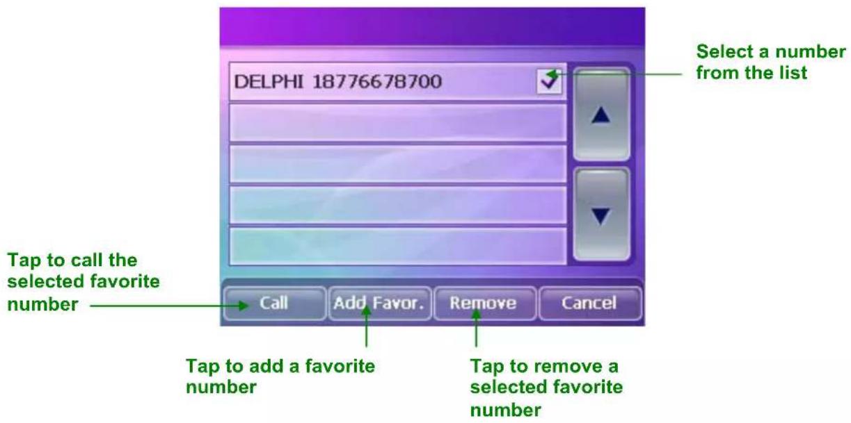 DELPHI 18776678700 Select a number from the list Tap to call the selected favorite number Call Add Favor. Remove Cancel Tap to add a favorite number Tap to remove a selected favorite number