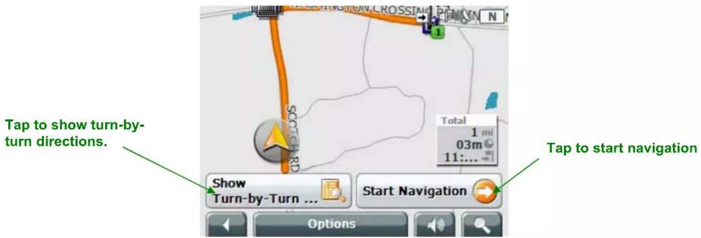 Tap to show turn-by-turn directions. Show Turn-by-Turn ... Start Navigation Options 1 mi 03m 11:... Tap to start navigation