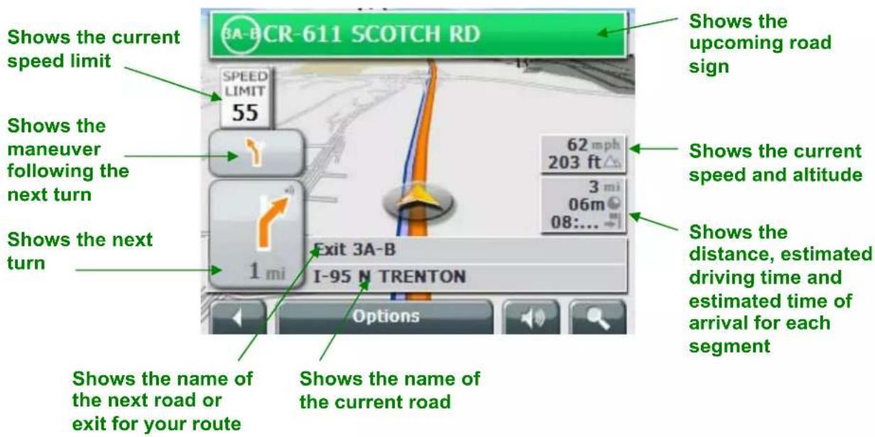 Shows the current speed limit Speed LIMIT 55 62 mph 203 ft 3 mi 06m 08:... Shows the current speed and altitude Shows the distance, estimated driving time and estimated time of arrival for each segment Shows the name of the next road or exit for your route Shows the name of the current road Exits 3A-B I-95 N TRENTON Options