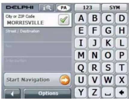 DELPHI City or ZIP Code MORRISVILLE Street / Destination Main Interaction Start Navigation Options 123 SYM A B C D E F G H I J K L M N O P Q R S T U V W X Y Z ↓